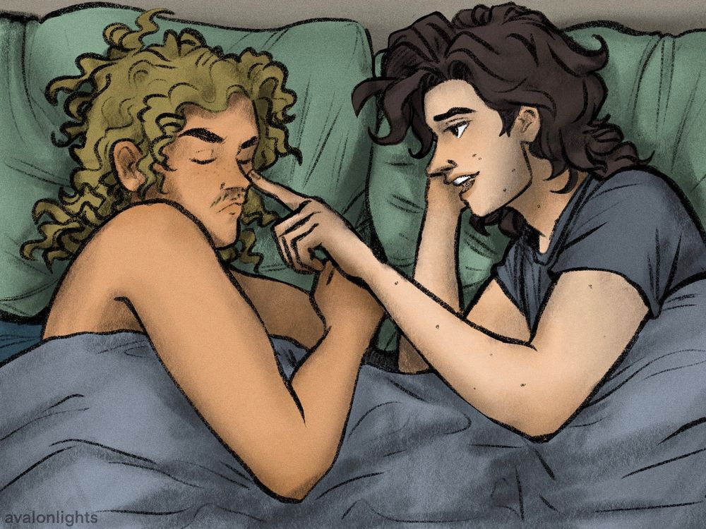 Drawing of Steve Harrington booping a sleeping Billy Hargrove on the nose.