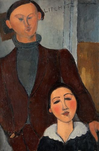 After receiving his artistic training in Italy, the sculptor and painter Amedeo Modigliani moved to Paris in 1906. Three years later, he helped pioneer a general migration of artists to the neighborhood of Montparnasse, which remained the center of avant-gard activity in the city until World War II. Scores of artists lived there, and many of them shared a Jewish heritage—including Modigliani and his friend the Lithuanian-born sculptor Jacques Lipchitz.
Lipchitz commissioned Modigliani to paint this portrait on the occasion of his marriage to the Russian poet Berthe Kitrosser, as a way of helping his troubled friend financially. The double portrait is one of only three in the artist’s oeuvre and, according to Lipchitz, took two days to paint. Modigliani made about twenty drawings on the first day; the next day, he declared the picture finished. At the modest price of what Lipchitz remembered as “ten francs per sitting and a little alcohol,” however, he persuaded Modigliani to work on the portrait for another two weeks in an effort to provide more financial assistance to his friend. Despite Modigliani’s exceptional talent, his work found a market only after his death in 1920, which was hastened by tuberculosis and his legendary bohemian lifestyle.

Helen Birch Bartlett Memorial Collection