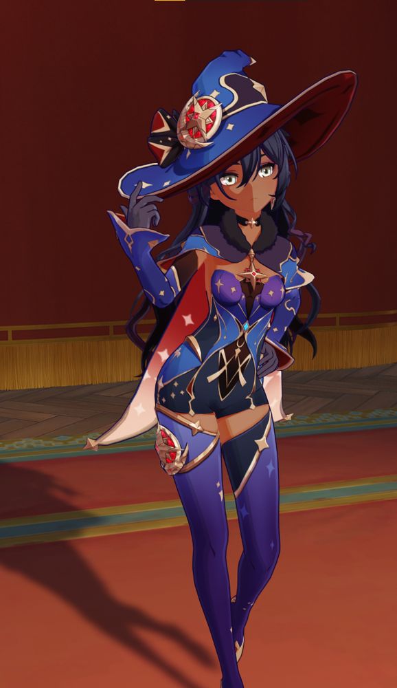 Image of Mona from Genshin Impact striking a wise pose, but instead of her pigtails, she has long, wavy hair and her skin is now a warm brown