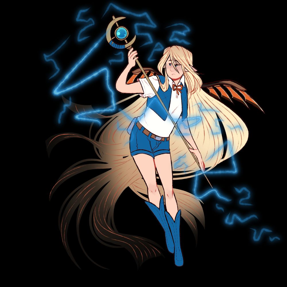 A long, blonde haired elven boy with wispy hair posed elegantly while his staff is gently coated with sparks of blue electricity