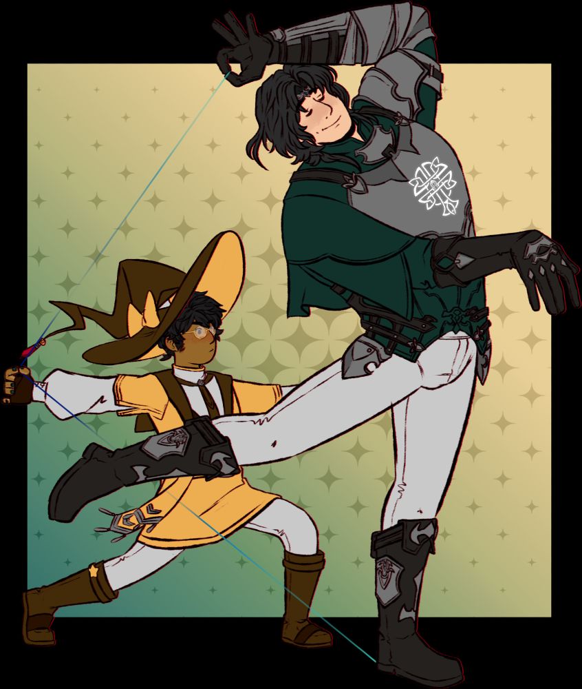 Image shows a shorter, brown skinned wizard posed to mimic drawing back bow while a taller, giant gentleman knight strikes a pose to mimic being a bow and arrow