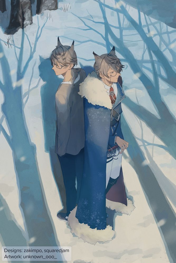 Artwork of two versions of Yuki standing back-to-back. On the left, he wears a cardigan and jeans. On the right, he wears a fur-lined cloak, duke uniform, and wields a sword.