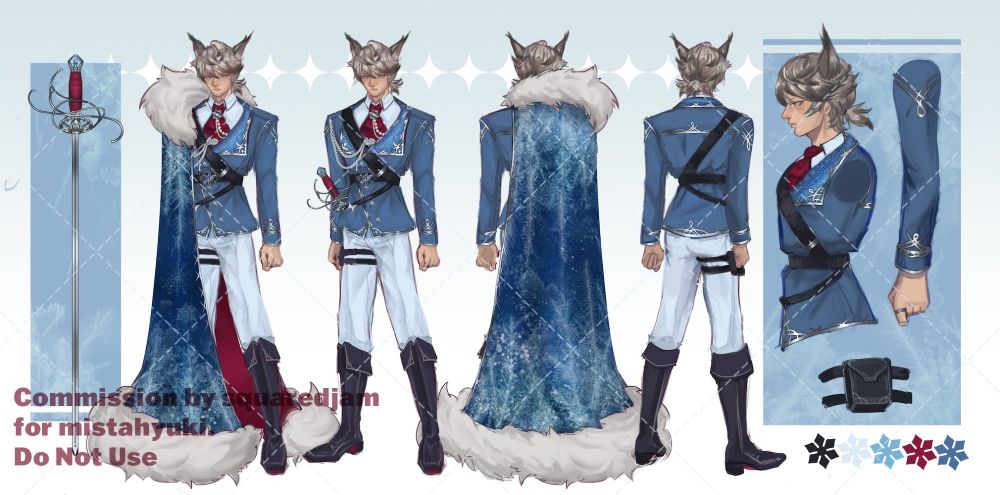 Concept art of the Duke Yuki design. A male bobcat vtuber character in in a standing pose from various angles. He wears a deep blue cape with white fur, ice design accents, and a cranberry red inside lining. On his waist is a rapier with a red handle and icy blue gem decoration. His formal outfit is adorned with silver accents and snowflake motifs.