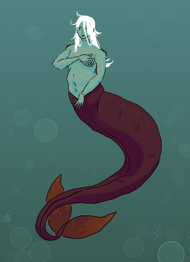 adder, a mermaid character with white hair, greenish-blue skin, gold jewelry, and a long red tail with whale inspired fins