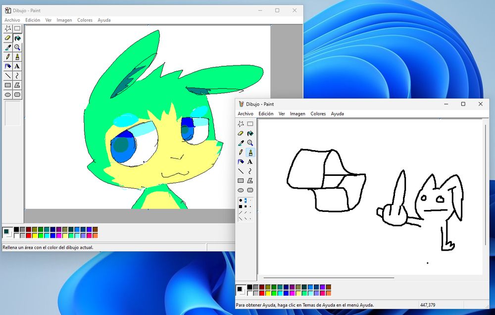 Screenshot of two bunnies I drew in MS Paint, one from Windows 98 and another from Windows XP, both running in Windows 11. In one of them a bunny is flipping the bird towards the Copilot logo.
