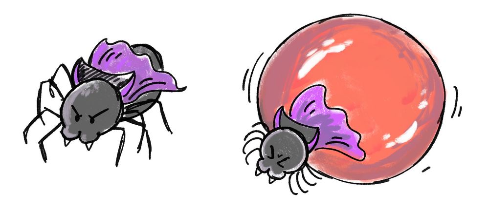 really silly #SciArt account of a vampire tick, to the left an unfed tick with angry eyes, a purple cape, and teeny tiny glued teeth, on the right she just ate way too much and is rolling around in the typical red blob of a fed tick.