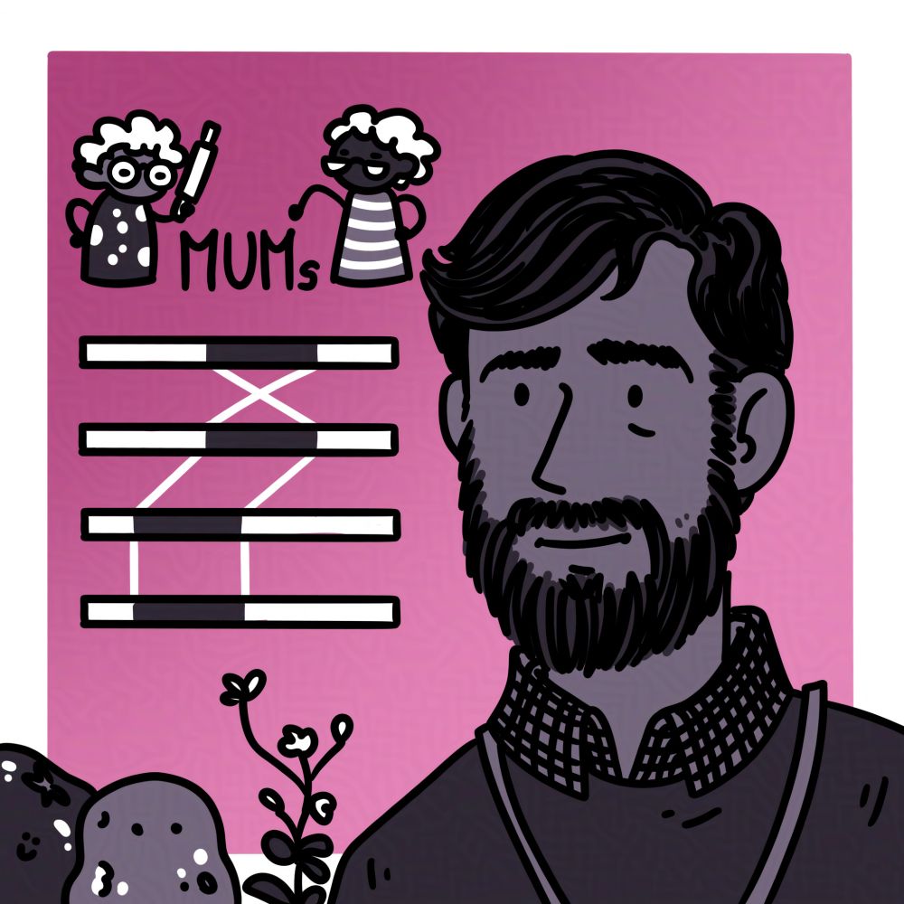 comic doodle of Vikram Shivakumar in a sweater and checkered shirt on a pink gradient background, with various elements of the talk to the left: two old moms pointing at MUMs, below an explanation of what those are (large chunks of the same DNA sequence through the genome), at the bottom a few of the organisms worked on: a tomato, a potato, an arabidopsis weed.