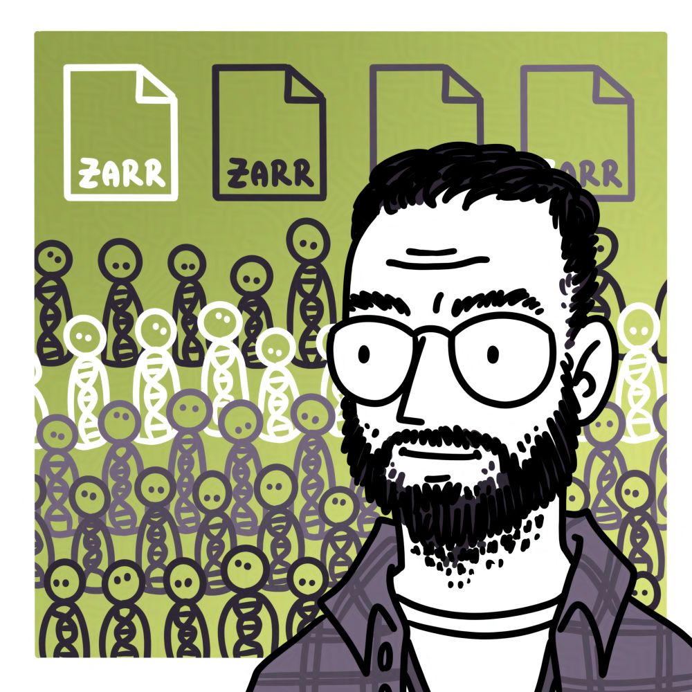 comic doodle of Jerome Kelleher in a t-shirt and stripey shirt, the background is full of small peon people with DNA strands in them and 4 files with the word ZARR written on them, the coloring is grey shades on a green background.