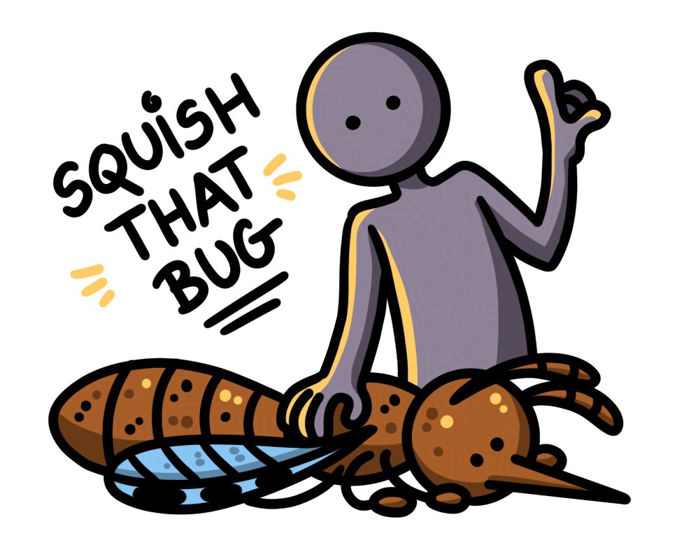 a silly #SciArt redraw of the squish that cat meme, but it is a grey stickfigure squishing a mosquito (that looks like a little cat) with the text SQUISH THAT BUG!