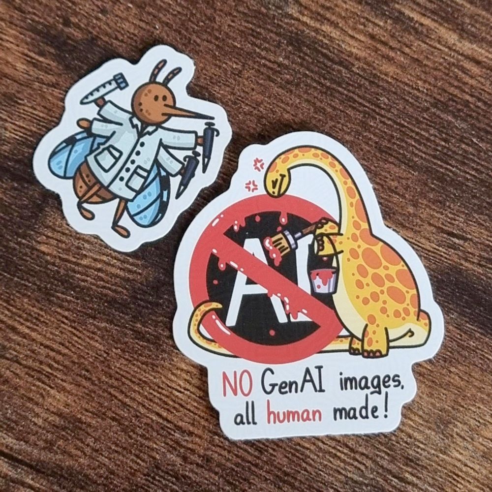 two white border stickers on a wooden table backdrop. One is of a mosquito holding a test tubes and pipettes wearing a labcoat. The other is a drawing of a yellow brontosaurus with orange spots, very angry, with a brush and paint bucket, scratching an AI sign with red paint, text below says "NO GenAI images, all human made!".