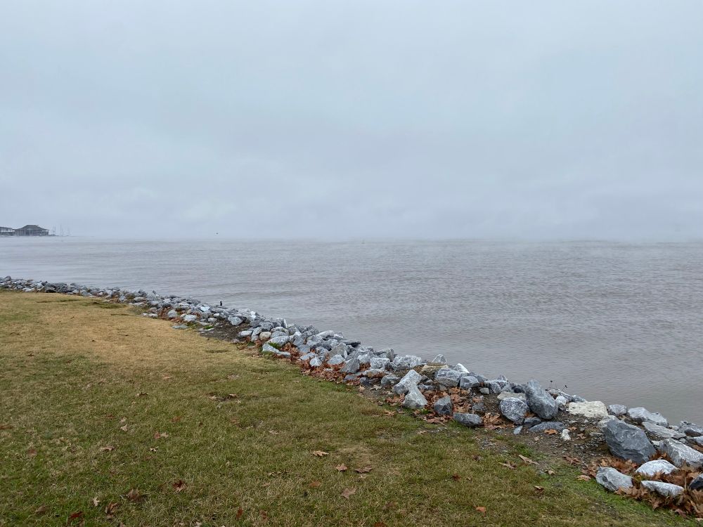 A picture of the Rez from the shore of Old Trace Park. Fog obscures the view of the other side.