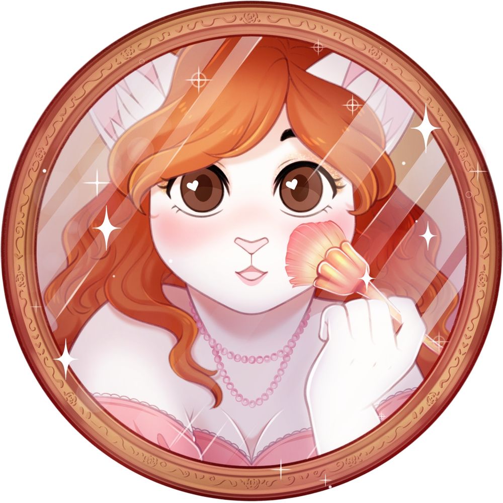 Furry art. White furred cat girl having wide eye in a mirror, mouth open, putting make up blush on her cheeks. 