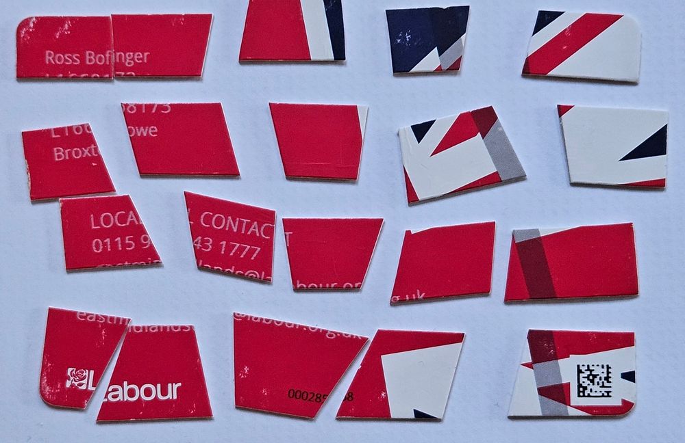 My Labour membership card cut up and arranged as it was, but with gaps between all the pieces.