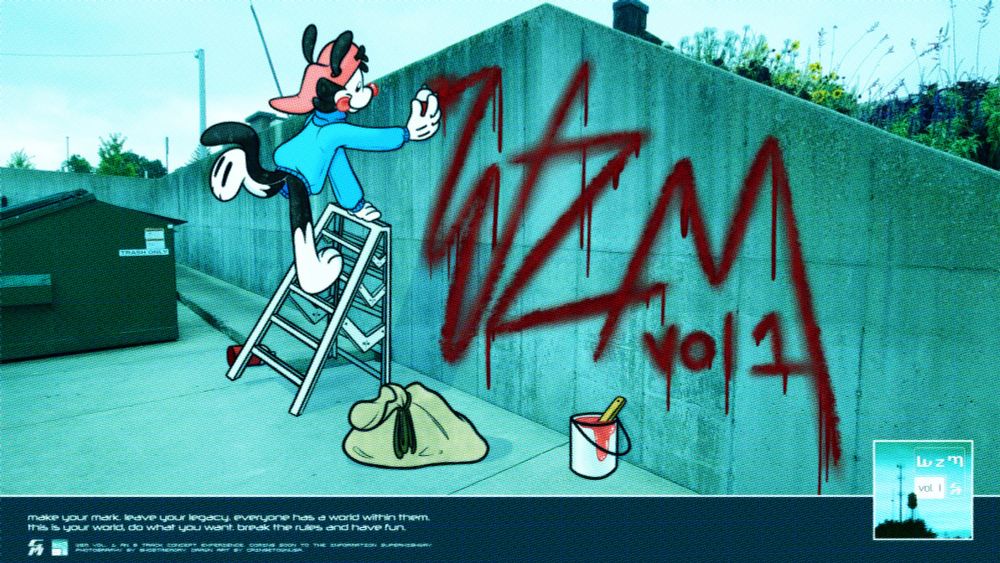 Wakko Warner throwing up graffiti of the title for our "collab" album as advertisement