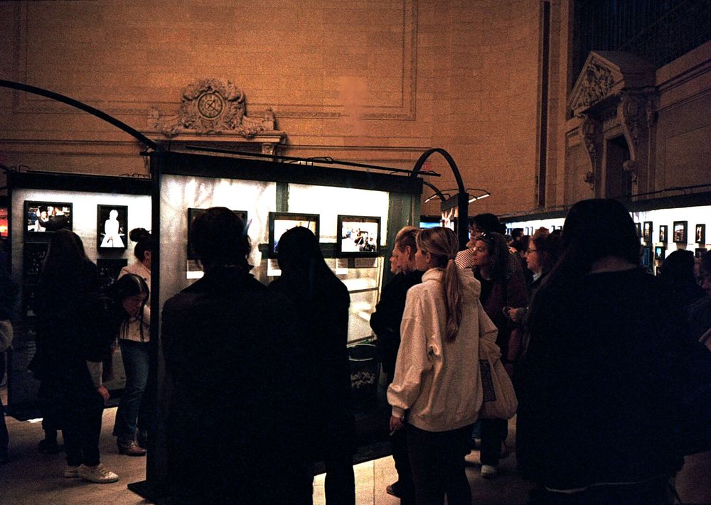 People mill around displays of photographs