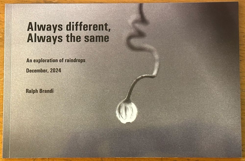 A book sits on a wooden desk. The book cover shows a raindrop clinging to the end of a corkscrew-shaped twig. The title and subtitle appear overlaid: “Always different, Always the same. An exploration of raindrops. December 2024.” The author’s name appears below that.