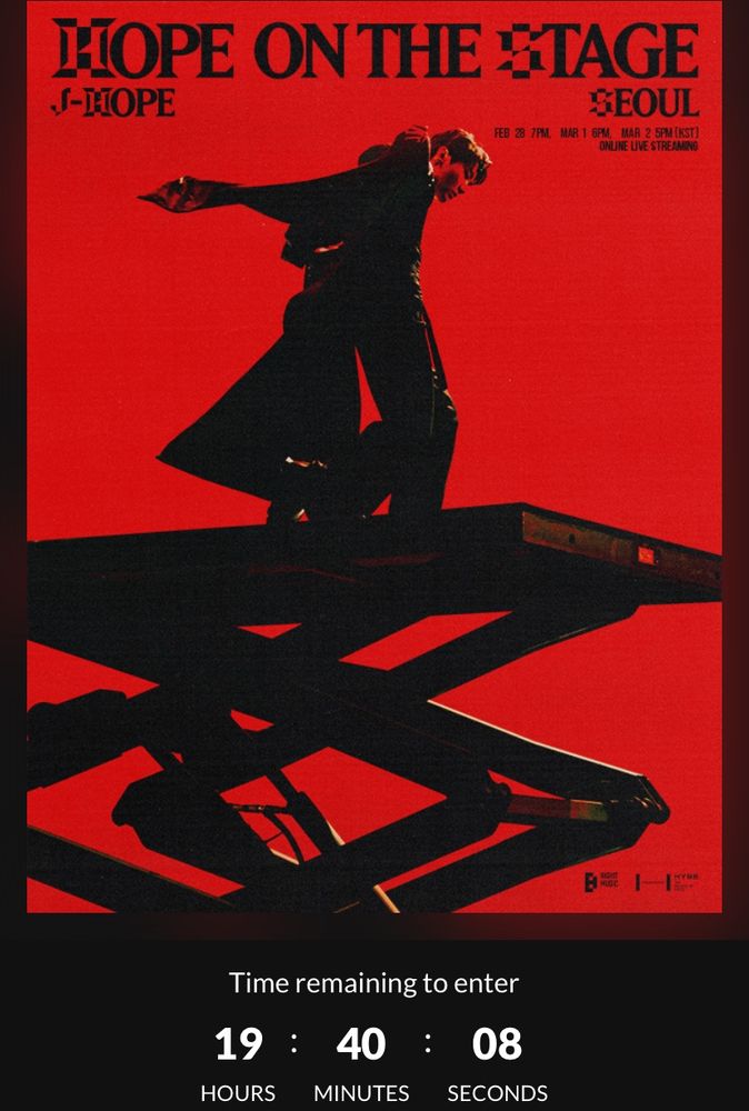 Screenshot of jhope of bts‘s Tour Cover with a Count down that says 19hours 40minutes and 08 seconds 