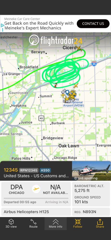 FlightRadar24 app screenshot of helicopter flight path over western Chicago suburbs. Helicopter belongs to US Customs and Border Protection. Flight originated at DuPage Airport 