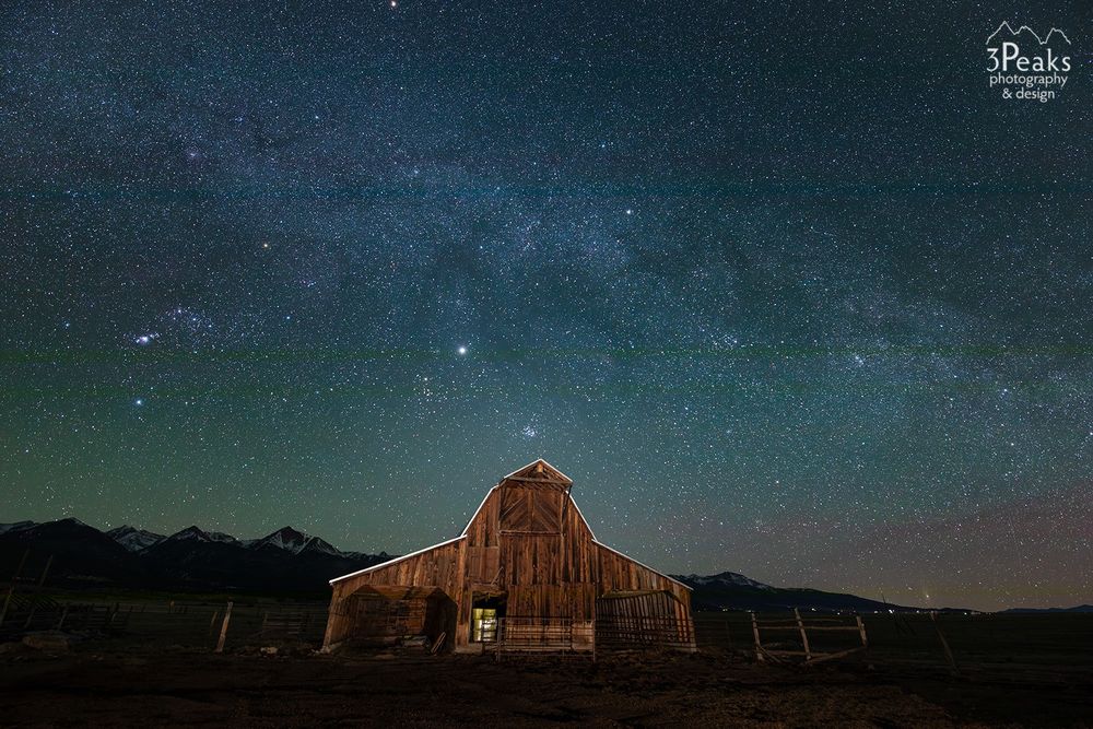 Milky Way, Orion, Pleiades and plenty of air glow above an old barn in Westcliffe, CO