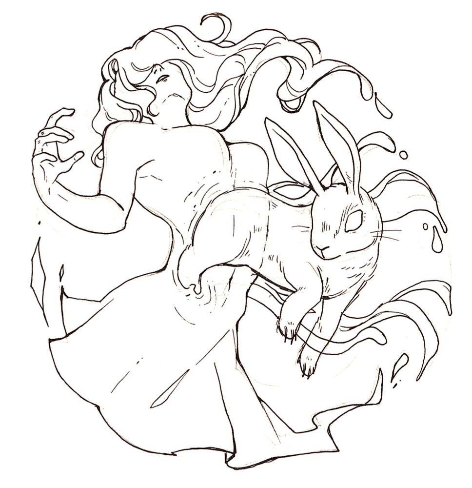 a pen-and-ink drawing of a rabbit jumping out of the abdomen of a woman.