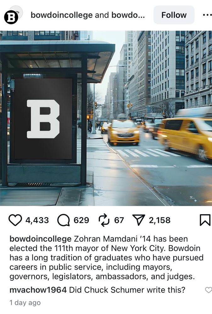 An AI slop picture featuring a busy New York City street, cabs zooming by a bus stop that has an advertising placard featuring the block lettering capital B that Bowdoin College uses.