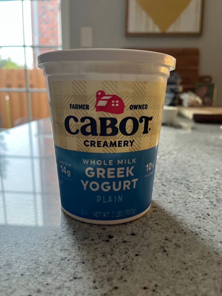 A quart container of Cabot Creamery’s whole milk, plain yogurt.