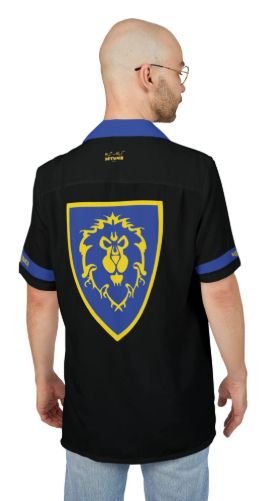 A man wearing a black unisex camp shirt with the Alliance coat of arms on the front pocket in royal blue and gold. Shirt collar and sleeve stripes are also in royal blue, and the sleeve stripes bear the word "Alliance" in gold. This photo shows the back of the shirt, which has a very large rendering of the design. FULLY CUSTOMIZABLE! Only available at Retnoob Graphics https://www.etsy.com/shop/Retnoob in the "Warcraft Class Icon" section. These can be customized, and are terrific gifts for Christmas and other holidays, as well as fun attire for the upcoming 2026 convention.

