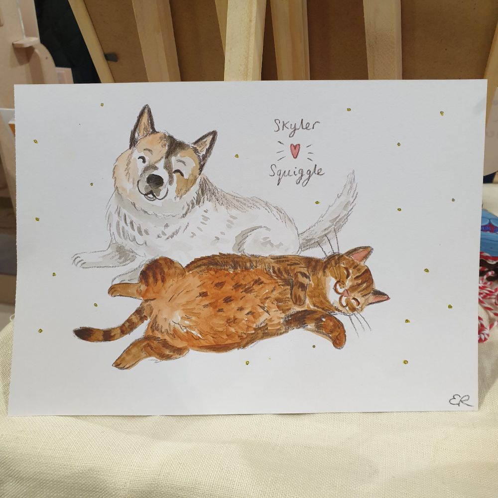 Conte crayon and watercolour portrait of a tabby cat and a husky dog both laying down and smiling!