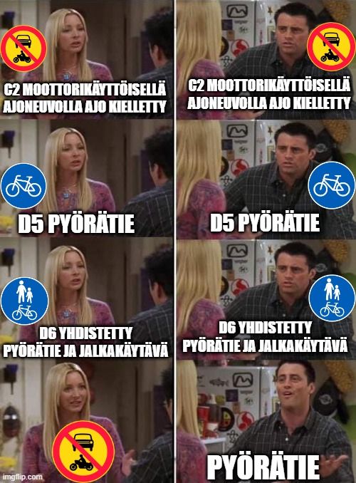 Phoebe and Joe -meemi, jossa Phoebe yrittää selittää liikennemerkkien eroa Joelle, joka ei opi.