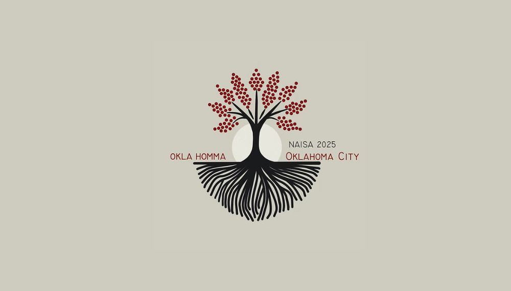 Stylized graphic of a black tree with red berries and black roots, forming a symmetrical design with the trunk in the center. Behind the tree is a pale circle. The text reads: “OKLA HOMMA” on the left and "NAISA 2025, OKLAHOMA CITY” on the right. The background is a light beige color.
