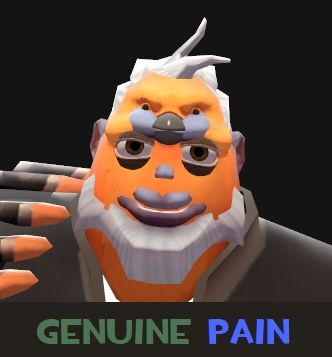 Heavy from TF2 wearing multiple head cosmetics at once. Bottom text says "Genuine Pain."