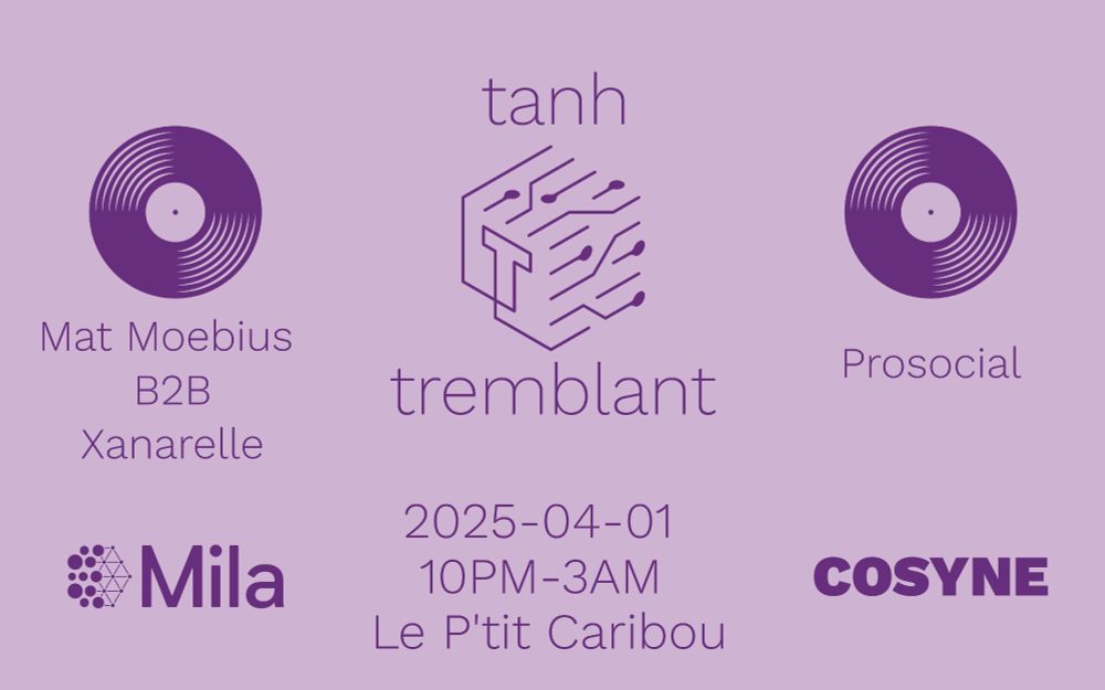 Party poster for dance party on final night of Cosyne 2025 workshops. It will take place April 1st, 2025, 10PM to 3AM at Le P'tit Caribou.