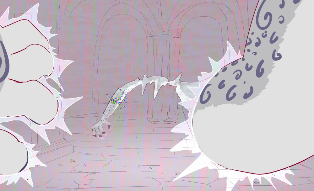 Eiri the snep gets sucked into a glitchy TV with a strange castle-like background from a game. Eiri's arm half way into the TV is already reshaping inside