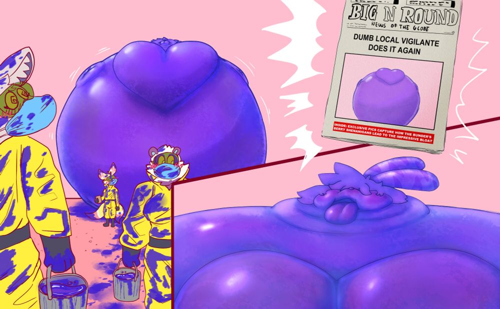 Big blueberry Rosebun in the background appears to be unable to move and being taken care of by workers in hazmat suits carrying buckets full of juice. A newspaper shows in it's cover the bun's fate along the title "Dumb local vigilante does it again". A closeup to Rosebun's head is highlighted in a separate panel