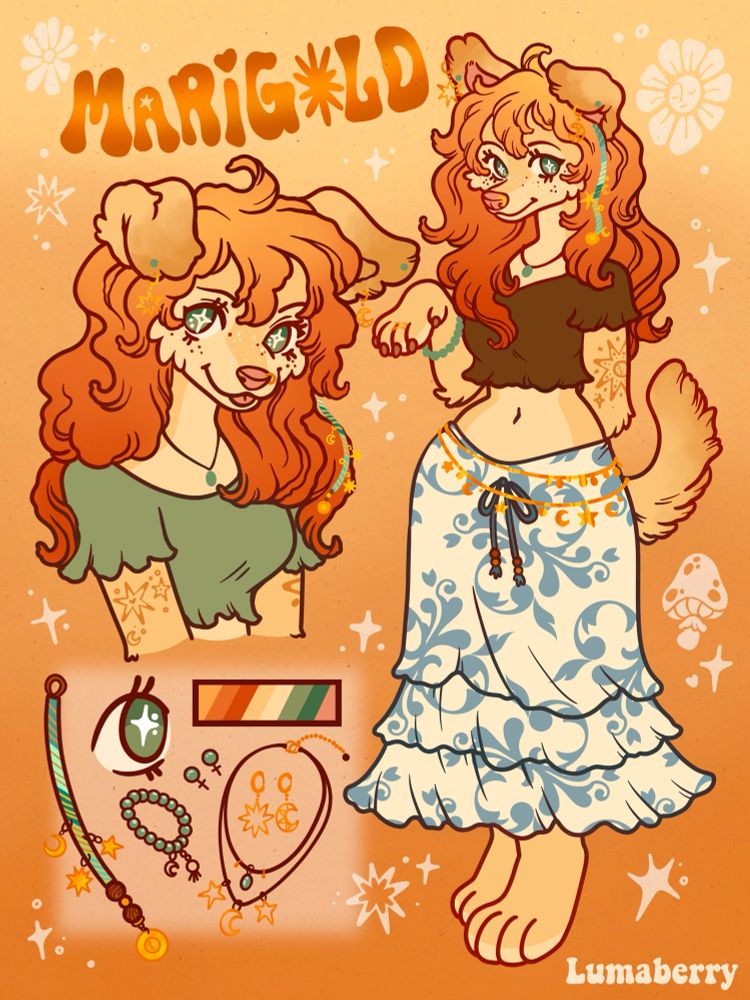 A digital reference sheet I made for my golden retriever character Marigold. 