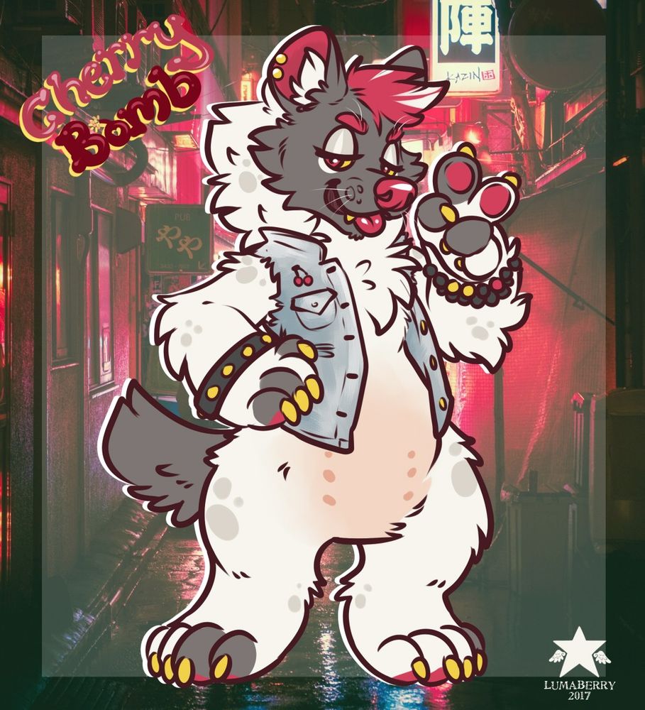 drawing of a anthro furry hyena named Cherry Bomb.