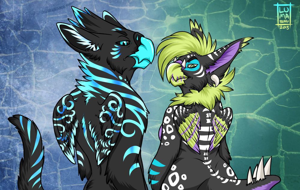 drawing of two griffin characters, Azurite and Voodoo.