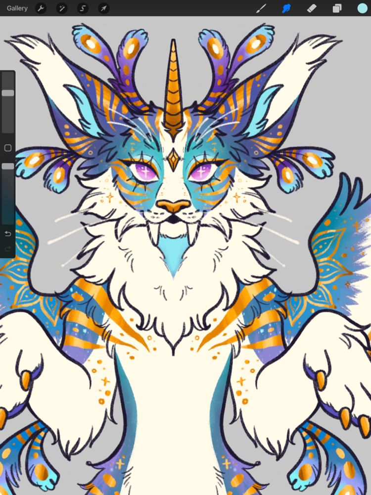 A screenshot of a bluish, purplish and white peacock caticorn character that I designed. It also has gold details! 