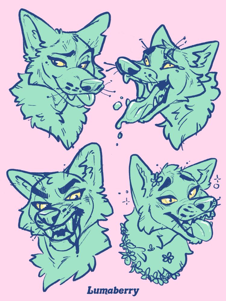 Four digital sketches of wolves expressing different emotions 