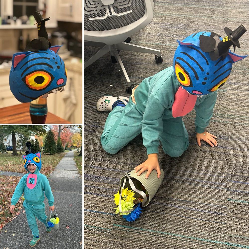Top left: papier mâché Derpy cat mask and felt sussy bird. Right: costumed child as K-pop demon tigger playing with her flower pot. Bottom left: child dressed as derpy cat enjoying trick or treating. 
