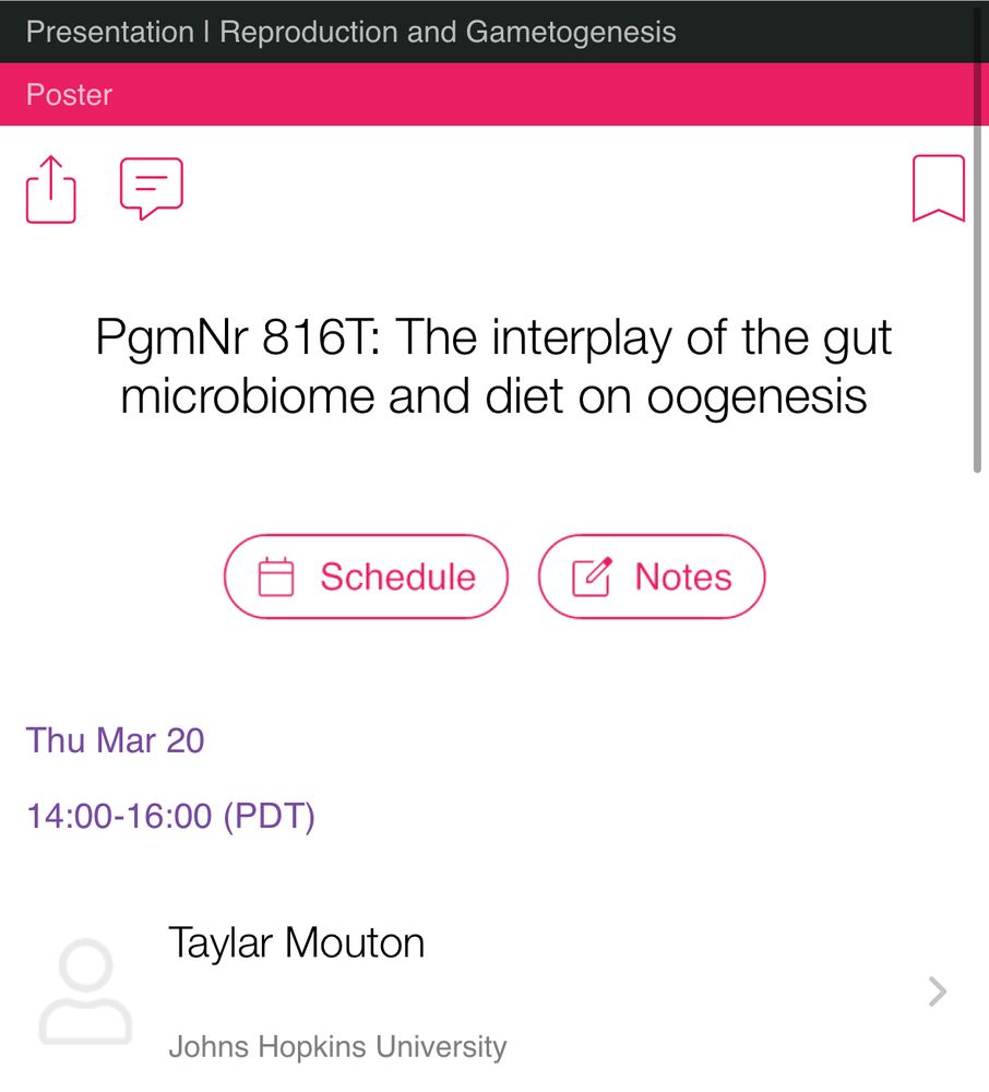 Program note on poster number 816T and the annual fly meeting. The title is the interplay of the gut microbiome and diet on oogenesis. 