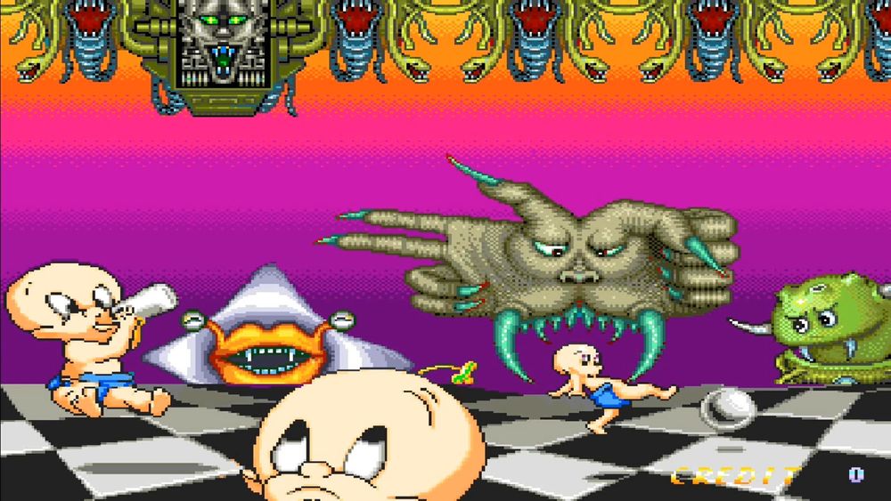 Screenshot from the arcade game Jump Kids. Babies and freakish mutants in a chequerboard limbo.