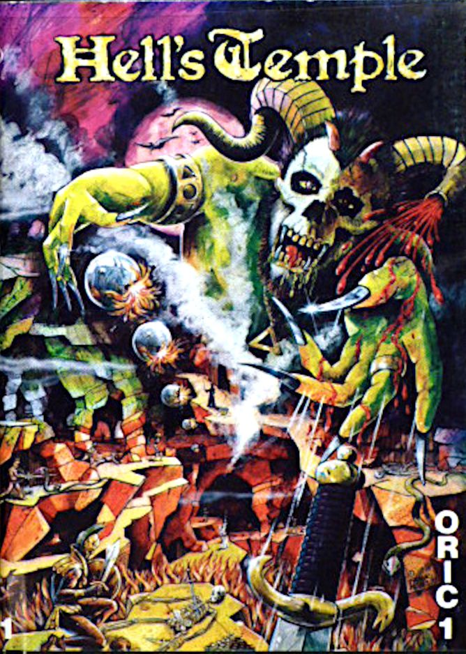 Cover art for Hell's Temple on the Oric-1. A giant skull-headed demon with a mohawk throws a sword near a kneeling warrior.