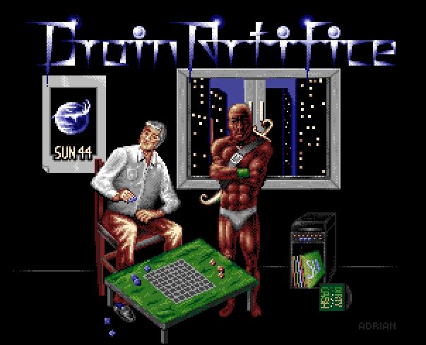 Title screen from Brain Artifice on the Amiga. A normal-looking chap in a shirt and slacks plays a board game with a muscular man wearing naught but tiny underpants and a scimitar on his back. The title sure looks like it says "Groin Artifice"