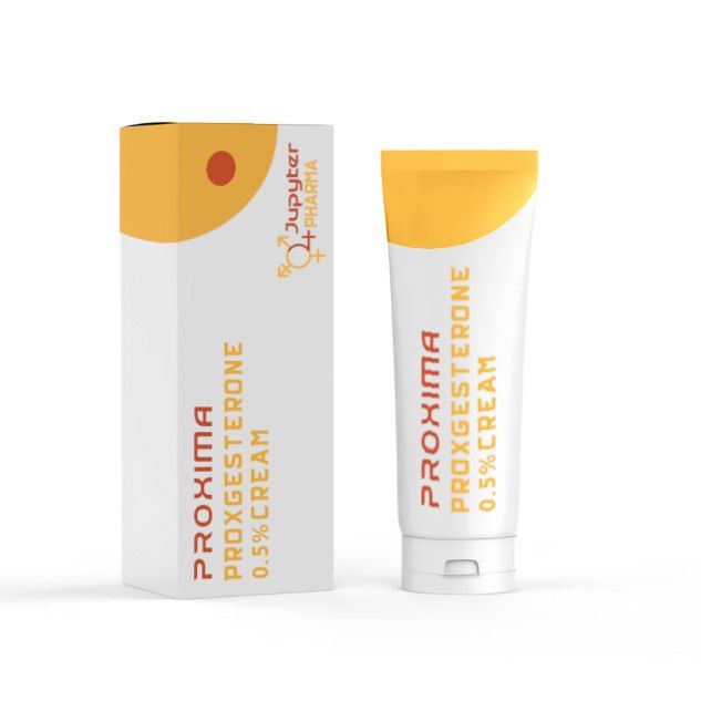 edited photo of a small paper box next to a tube of cream; both are labelled "PROXIMA Proxgesterone 0.5% Cream"