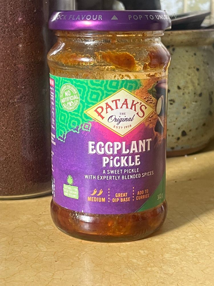 A jar of pataks eggplant pickle