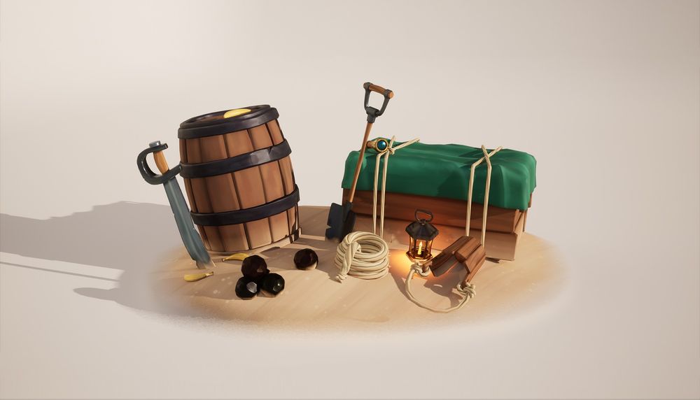 A stylised pirate themed art scene. It features a wooden barrel with metal rungs around it, a wooden crate with a green tarp tied to the top of it, a wooden and metal shovel, 4 black cannon balls, a spool of white rope, a black metal lantern, a silver cutlass and an over turned wooden bucket. All of these assets are placed on a small island of sand.