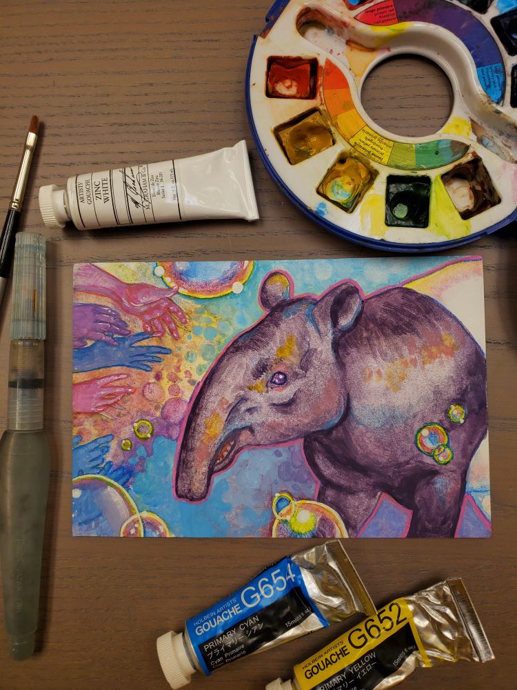 A colorful tapir is surrounded by brightly colored bubbles and hands reaching toward it.