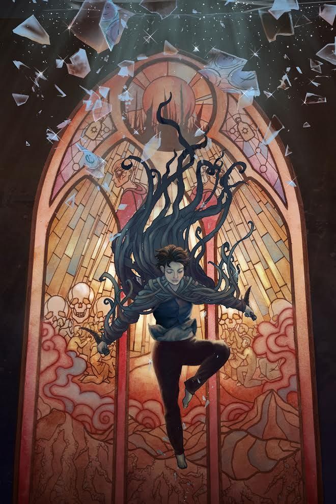 An illustration of Vin from Mistborn. She is leaping down through shattered glass and holding daggers. Behind her is a red and orange stained glass window.
