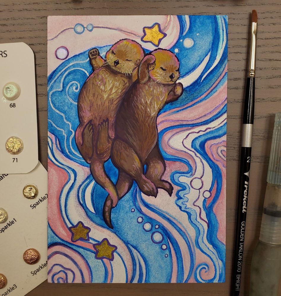 Two otters hold hands in a swirling pink and blue abstract ocean.